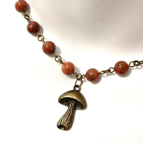 Genuine Red Jasper Short Necklace, Cute Bronze Slim Mushroom + Natural Gemstone - Picture 1 of 12